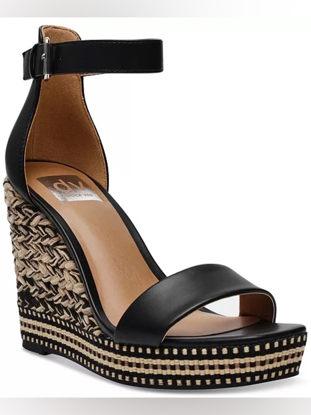 DV by Dolce Vita Black Leather Ankle-Strap Wedge Sandals with Woven Platform